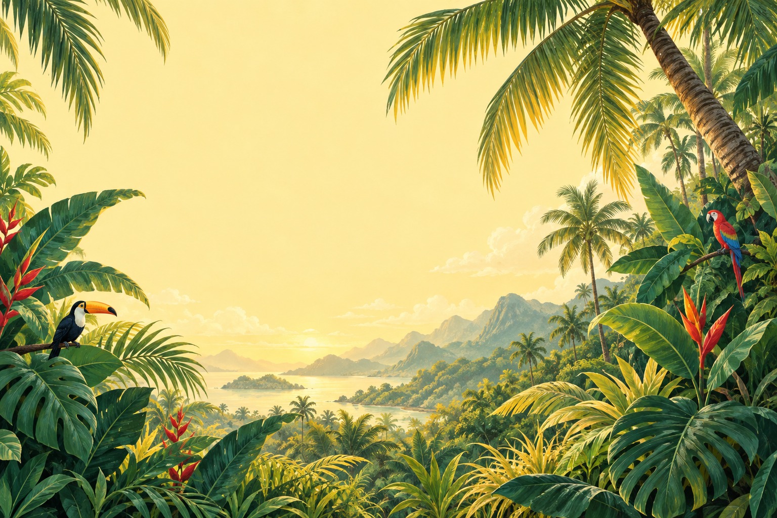 Palmeras, hojas tropicales, un tucán y un loro entre la vegetación
